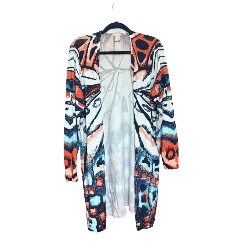 Chico's Cardigan Butterfly Wing Print XL Multicolor Excellent Open Front Knit‎